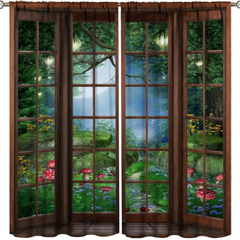 Enchanted Forest Landscape Curtains Fantasy Green Jungle Mushroom Magic Plant Night Scene Curtain with Rod Pocket for Room Home Decor Drapes Window Treatments 2 Panels Set 52x84in