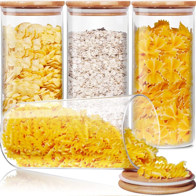 Glass Jars with Bamboo Lids 53 FL OZ [Set of 4], Glass Canisters with Airtight Lids, Glass Food Storage Containers for Pasta, Oats, Coffee, Flour, Sugar, Rice, Best for Kitchen & Pantry