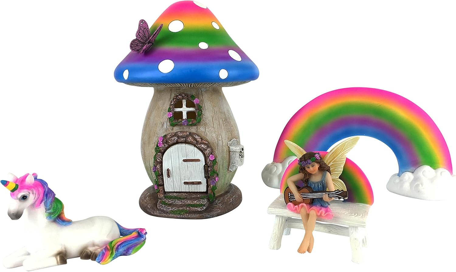 818Wkd5E8cL._AC_SL1500_.jpg GlitZGlam Miniature Rainbow Mushroom Fairy House - 5-Piece Set - Whimsical Multicolor Resin Figurines for Fairy Garden & Home - Image 2