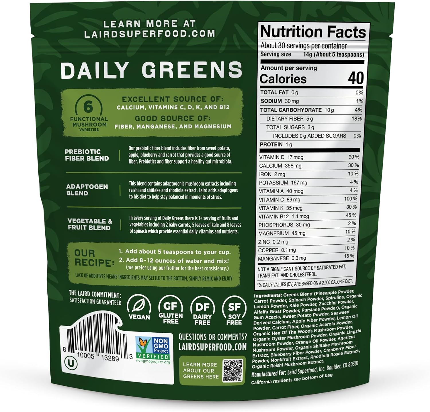 818u8hDoqlL._AC_SL1500_.jpg Laird Superfood Prebiotic Daily Greens Powder – Essential Vitamins & Minerals - Prebiotic Fiber, Adaptogen and Fruits & Vegetables – Supports Gut Health – Non-GMO, Vegan - 14.8 oz Bag, Pack of 1 - Image 2