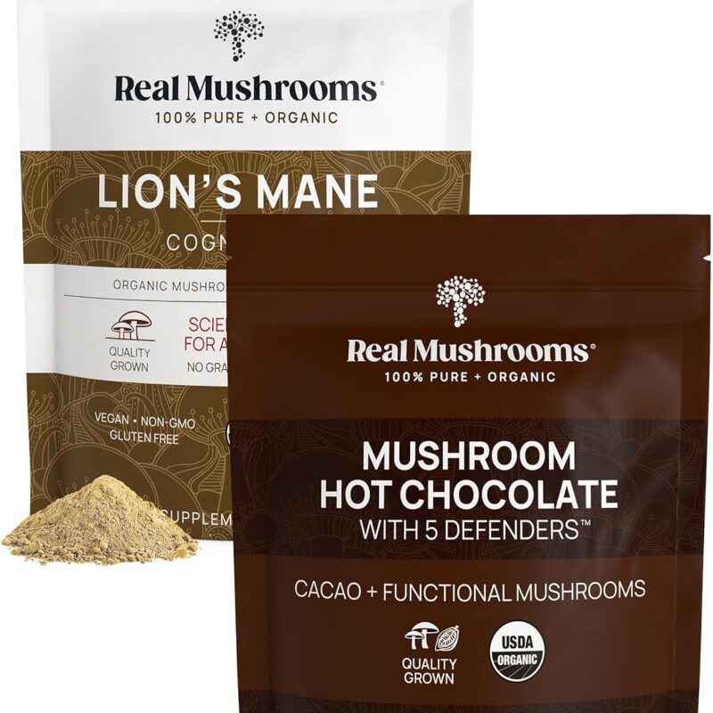 Real Mushrooms Hot Chocolate Mix (15 Servings) and Lion’s Mane (60 Servings) Powder Bundle - Mushroom Powder Supplement for Daily Immunity & Cognition Support - Gluten-Free, Non-GMO, Vegan