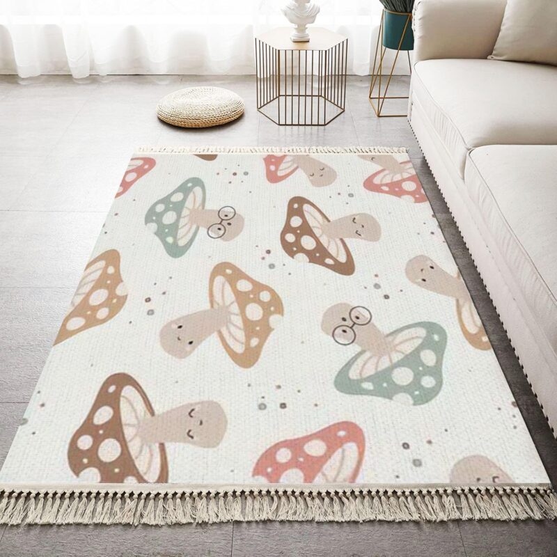 Boho Kid Bedroom Nursery Playroom Area Rugs Hand Drawn Seamless Pattern Cute Kawaii Mushrooms Cute Drawing Doodle Tassels Carpet Patio Hallway Runner Mat Pad Home Decor Living Room Indoor Outdoor