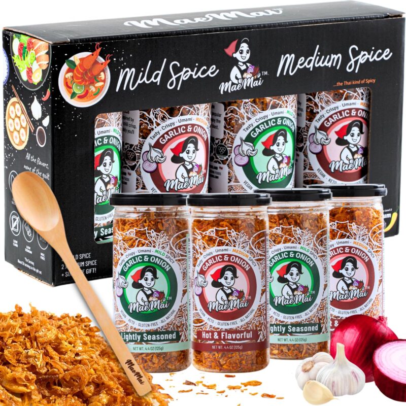 MaeMai 4-PACK Box Set, Mild & Medium Spice | Crispy Fried Onion & Garlic - Unique Variety Gift Set, for Foodies, Family | all-purpose seasoning, vegan ramen topping, rice seasoning. Pack of 4 (GIFT inside)