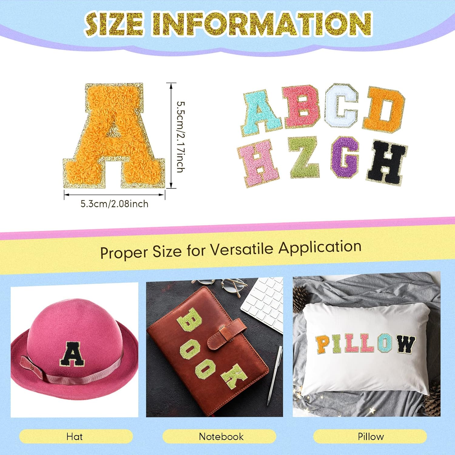 819KnnrlKSL._AC_SL1500_.jpg 234 Pieces Self Adhesive Chenille Letter Patches 2.56 Inch Gold Glitter Border Alphabet Stick on Patches for Fabric Clothing Repairing DIY Craft Decoration (Multicolor) - Image 2