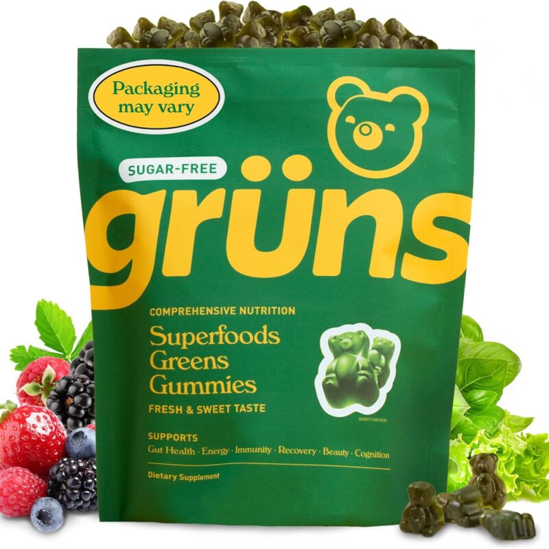 Gruns Adult Sugar-Free Super Greens Gummies - Superfood Gummy Bears with Spirulina, Chlorella & Prebiotics for Digestive Health, Adaptogens Supplement with 20 Vitamins & Minerals, 2 Week Supply