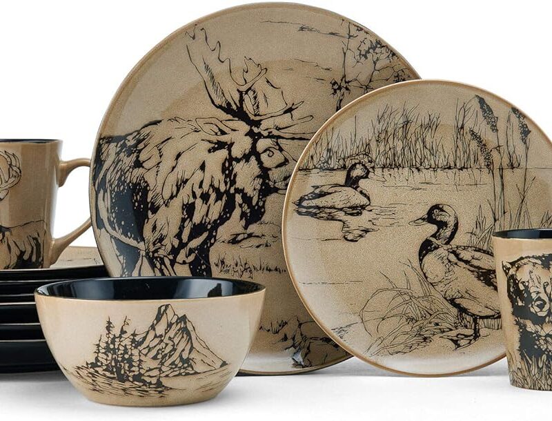 Mossy Oak Animal Print 16 Piece Dinnerware Set, Black and Beige