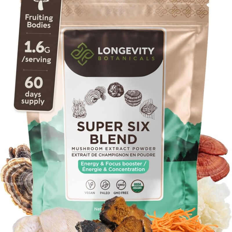 Longevity Botanicals 6 Mushroom Supplement Blend - Organic Mushroom Complex Powder - Lions Mane, Reishi, Turkey Tail, Cordyceps, Tremella and Chaga - 100% Fruiting Body - 3.5 oz