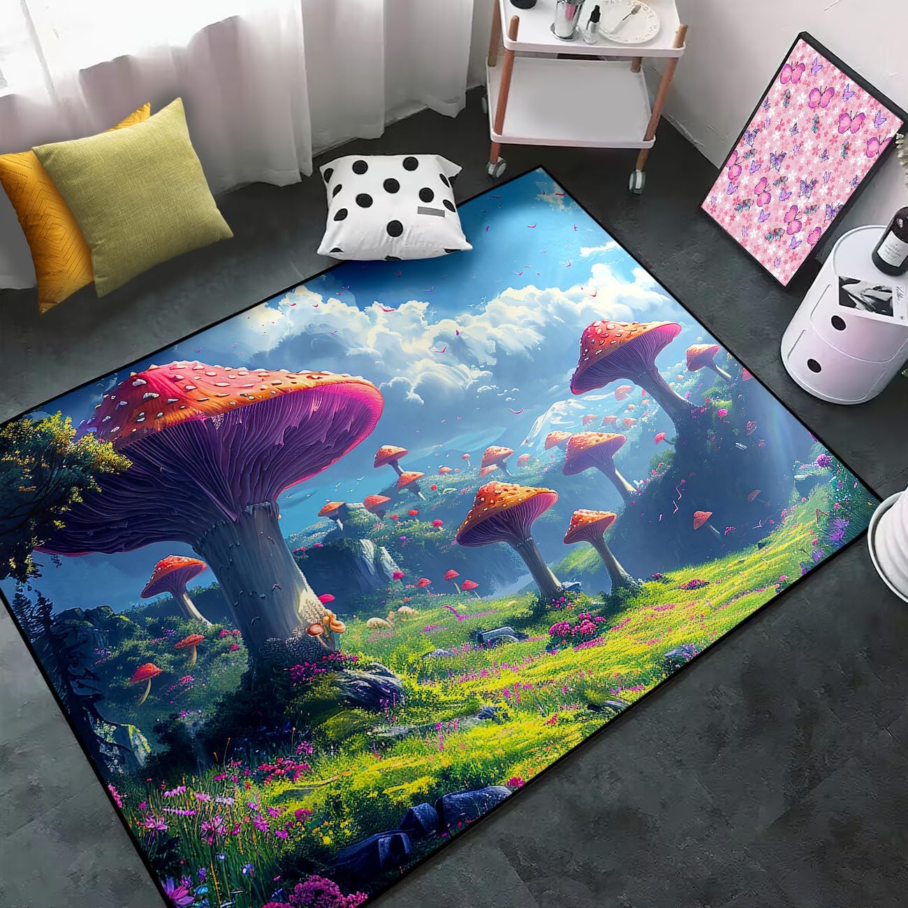 81AO3zl9bhL._AC_SL1300_.jpg Mushroom Rug - Mushroom Rugs for Bedroom, Mushroom Area Rug for Girls Room Mushroom Rugs for Living Room Classroom Dining Room Home Decor Large Polyester Floor Mats Entryway Rug, 4.5x6 Feet - Image 2