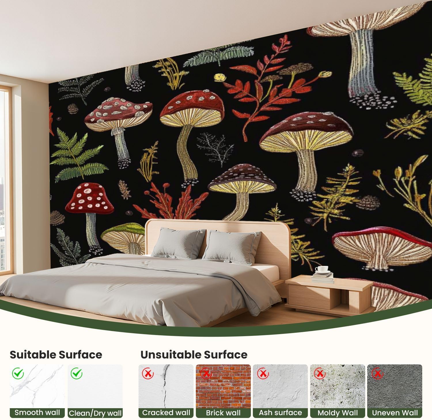 81C63lfRuyL._AC_SL1500_.jpg Wallpaper Murals 3D Embroidery Mushrooms Seamless Pattern Dark Autumn Forest Gothic Tale Peel and Stick Removable Self-Adhesive PVC Wall Stickers for Living Room Boys Girls Bedroom 144"x100" - Image 2