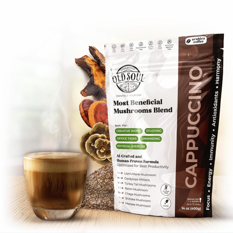 OldSoul Superfood Mushroom Cappuccino Blend | 7-Mushroom Formula (Lion's Mane, Cordyceps, Reishi, Turkey Tail, Chaga, Shiitake, Maitake) | Arabica Coffee | Energy, Focus, Immunity | 14 oz (400 g)