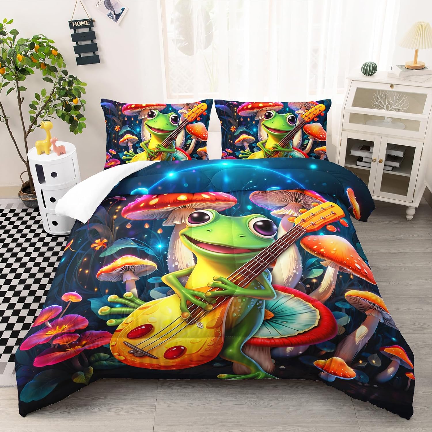 81D9xaF1SKL._AC_SL1500_.jpg Cute Frog Guitar Comforter Set Queen Size, Botanica Mushroom 3 Piece Bedding Set for Kids, Cartoon Comforter for Room Decor