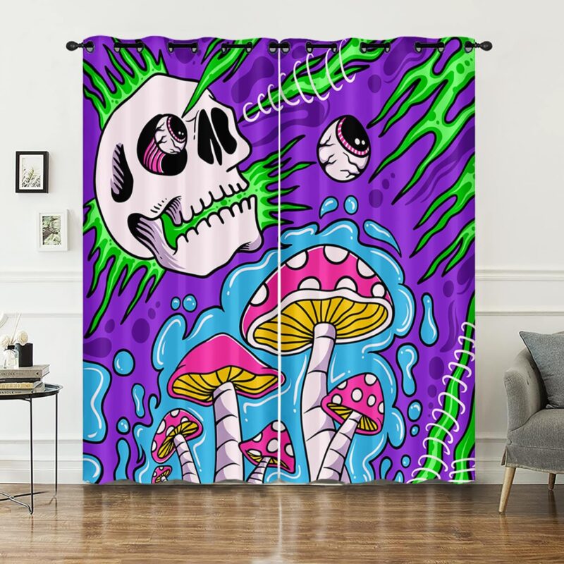 AILONEN Cartoon Skull Window Curtain for Kids,2 Panels Set Funny Mushroom Skull Eyeball Graffiti Window Drapes,Cute Skeleton Skull Bone Pattern Boys Girls Window Grommet Curtain, 52" W x 84" H