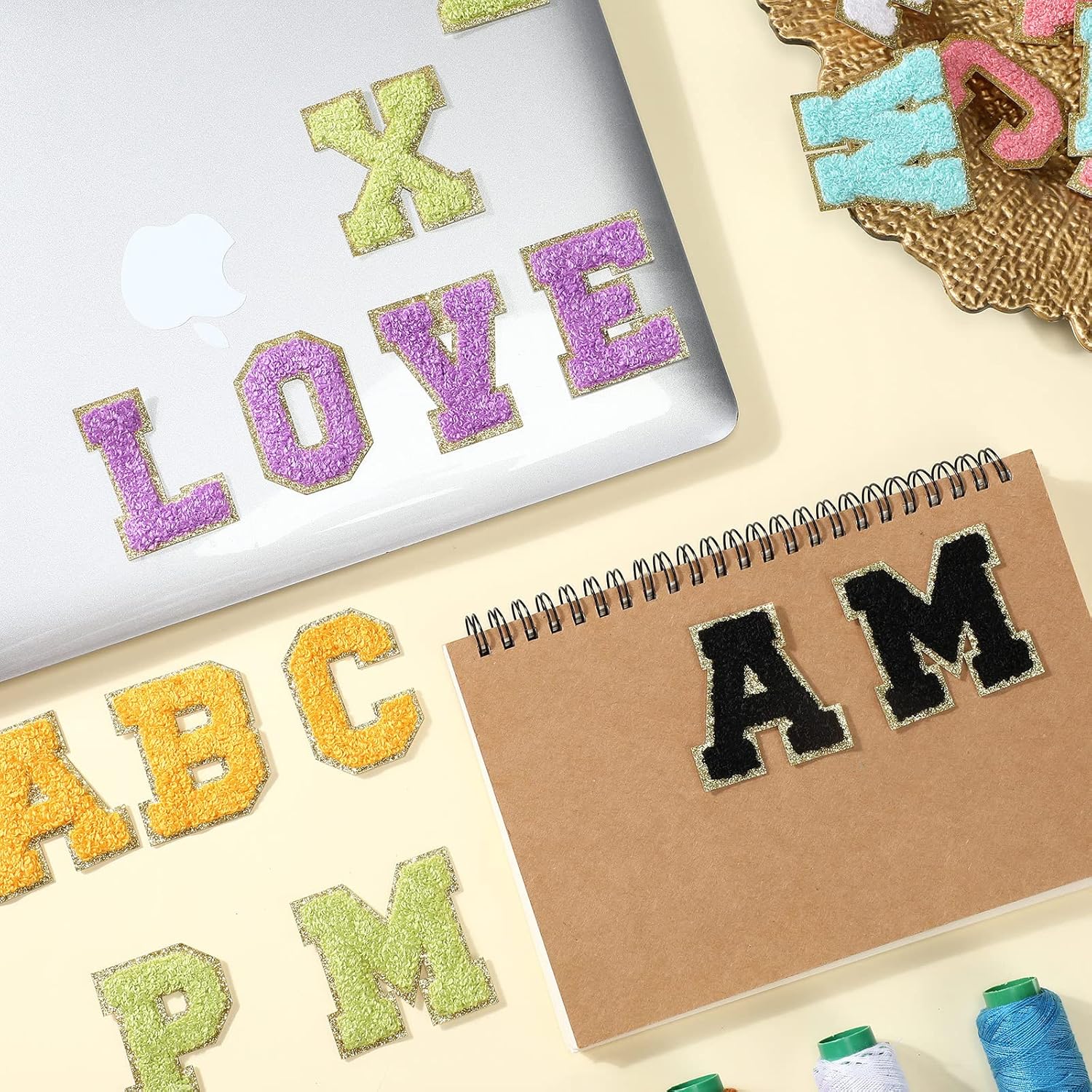 81DQUbJlnYL._AC_SL1500_.jpg 234 Pieces Self Adhesive Chenille Letter Patches 2.56 Inch Gold Glitter Border Alphabet Stick on Patches for Fabric Clothing Repairing DIY Craft Decoration (Multicolor) - Image 7