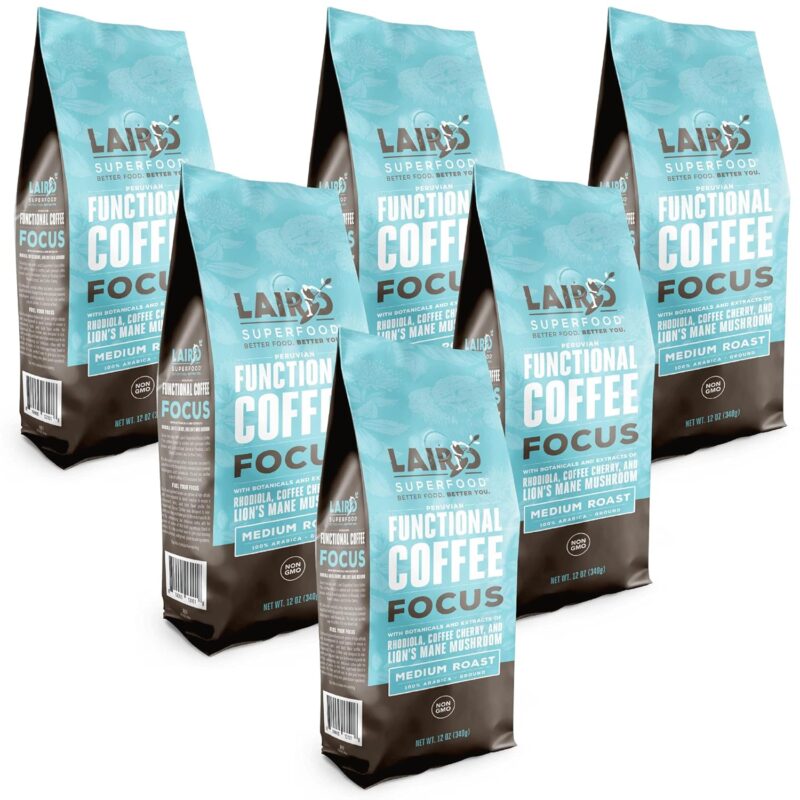 Laird Superfood Focus Coffee, Medium Roast Ground Coffee Infused with Functional Mushrooms and Botanical Adaptogens, 12 oz. Bag, Pack of 6