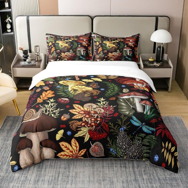 Castle Fairy Mushroom 100% Nature Cotton Duvet Cover Nature Burgundy Plant Comforter Cover Twin Size with 1 Pillowcase Wild Botanical Trippy Mushroom Aesthetic Luxury Bedding Set(No Filler)