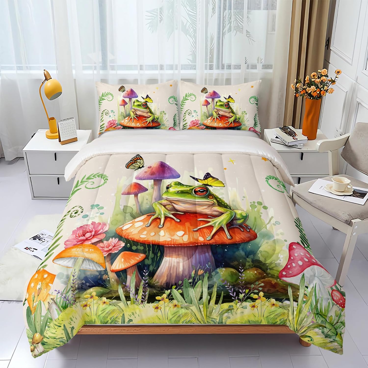 81EpfKlxm9L._AC_SL1500_.jpg Frog Comforter Set Queen Size,Botanica Mushroom 3 Piece Bedding Set for Kids,Cartoon Comforter for Room Decor Cute Decor Beige Red Duvet Set Queen Size 3Pcs Quilt Set - Image 3