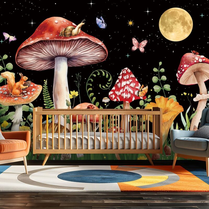 Mushroom Cartoon Mural Wallpaper, Woodland Animal Wall Mural, Moon Star Leaf Mural, Grass Floral Wallpaper for Nursery, Children Bedroom, Living Room-141"x96"(Not Peel and Stick)