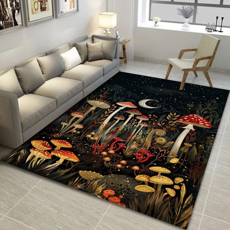 Mushroom Rug, Mushroom Pattern Rugs,Boho Botanical Rug Minimalist Carpet, Decor Rug, Rectangular Rug, 3x5 4x6 5x7 5x8 5.2x9 ft Non Slip Carpet for Living Room Bed Room Sofa Decor A01