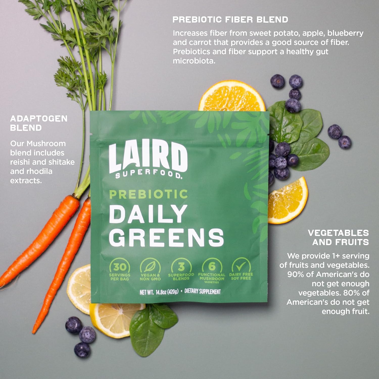 81G07e5rhL._AC_SL1500_.jpg Laird Superfood Prebiotic Daily Greens Powder – Essential Vitamins & Minerals - Prebiotic Fiber, Adaptogen and Fruits & Vegetables – Supports Gut Health – Non-GMO, Vegan - 14.8 oz Bag, Pack of 1 - Image 4