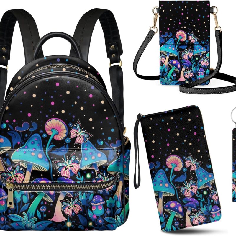 GLENLCWE Blue Mushroom Backpack Purse for Women and Ladies 4Pcs Mushroom Backpack Purses PU Leather Daypacks+Clutch+Phone Bag+Keychain for Travel Work Leisure
