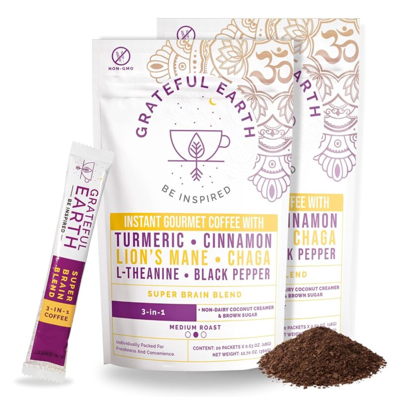 Grateful Earth Mushroom Coffee, Coconut Instant Coffee with Cinnamon, Turmeric, Lion’s Mane Mushrooms, L-Theanine, Chaga, Super Brain Blend, Energy & Immune Support, Dairy & Gluten Free, 2 Bags, 40 Ct