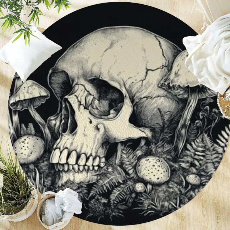 Large Round Washable Area Rugs 5ft Minimal a White line Drawing Mushrooms Moss and Ferns Growing a Human Rugs for Bedroom Living Room Dining Room Table Kitchen Bathroom Entryway Circular Carpet
