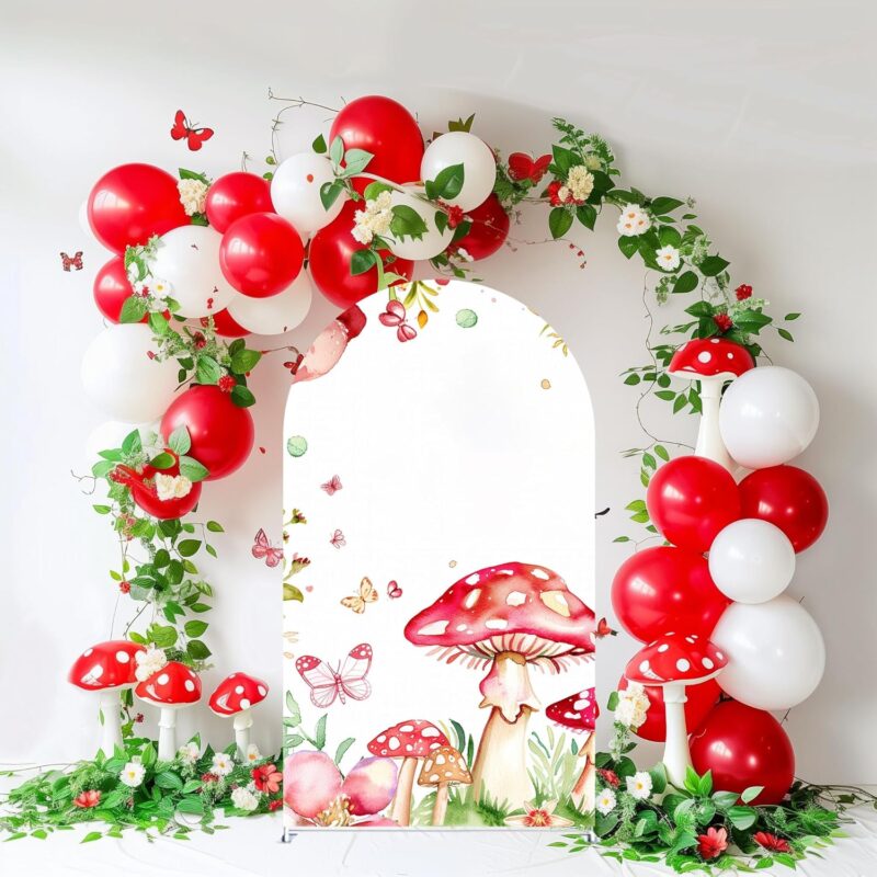 Mushroom Arch Covers, Stretchy Double-Sided Backdrop, Mushroom Themed Party Decoration, Reusable Fabric Arch Background for Birthday Party, Baby Shower, Event Decor (GX-2853,7.2x4ft)