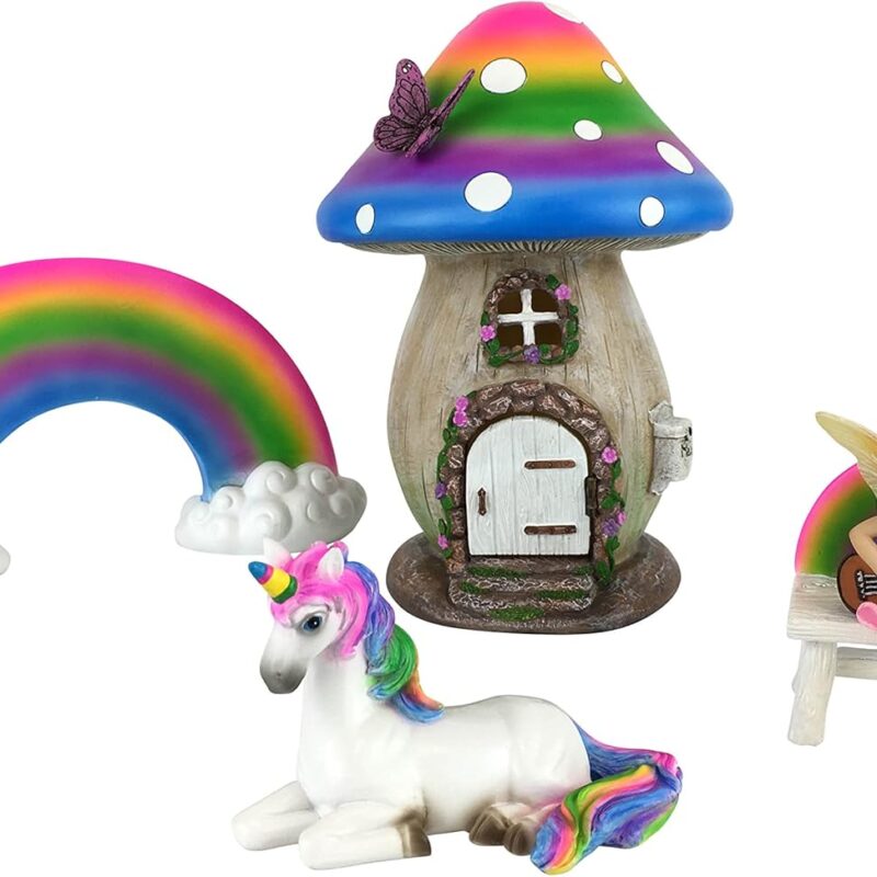 GlitZGlam Miniature Rainbow Mushroom Fairy House - 5-Piece Set - Whimsical Multicolor Resin Figurines for Fairy Garden & Home