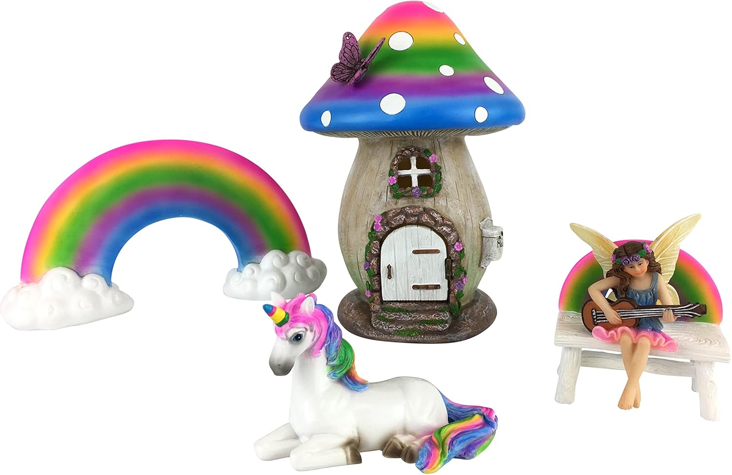 81JBTAjWuOL._AC_SL1500_.jpg GlitZGlam Miniature Rainbow Mushroom Fairy House - 5-Piece Set - Whimsical Multicolor Resin Figurines for Fairy Garden & Home
