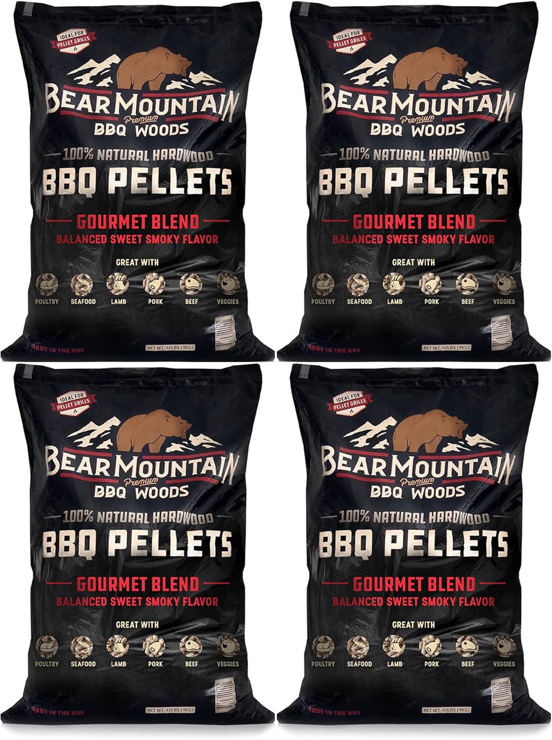 81JHqqveVL._AC_SL1500_.jpg Bear Mountain FB99 All Natural Low Moisture Hardwood Smoky Gourmet Blend BBQ Smoker Pellets for Outdoor Grilling, 40 Pound Bag (4 Pack)