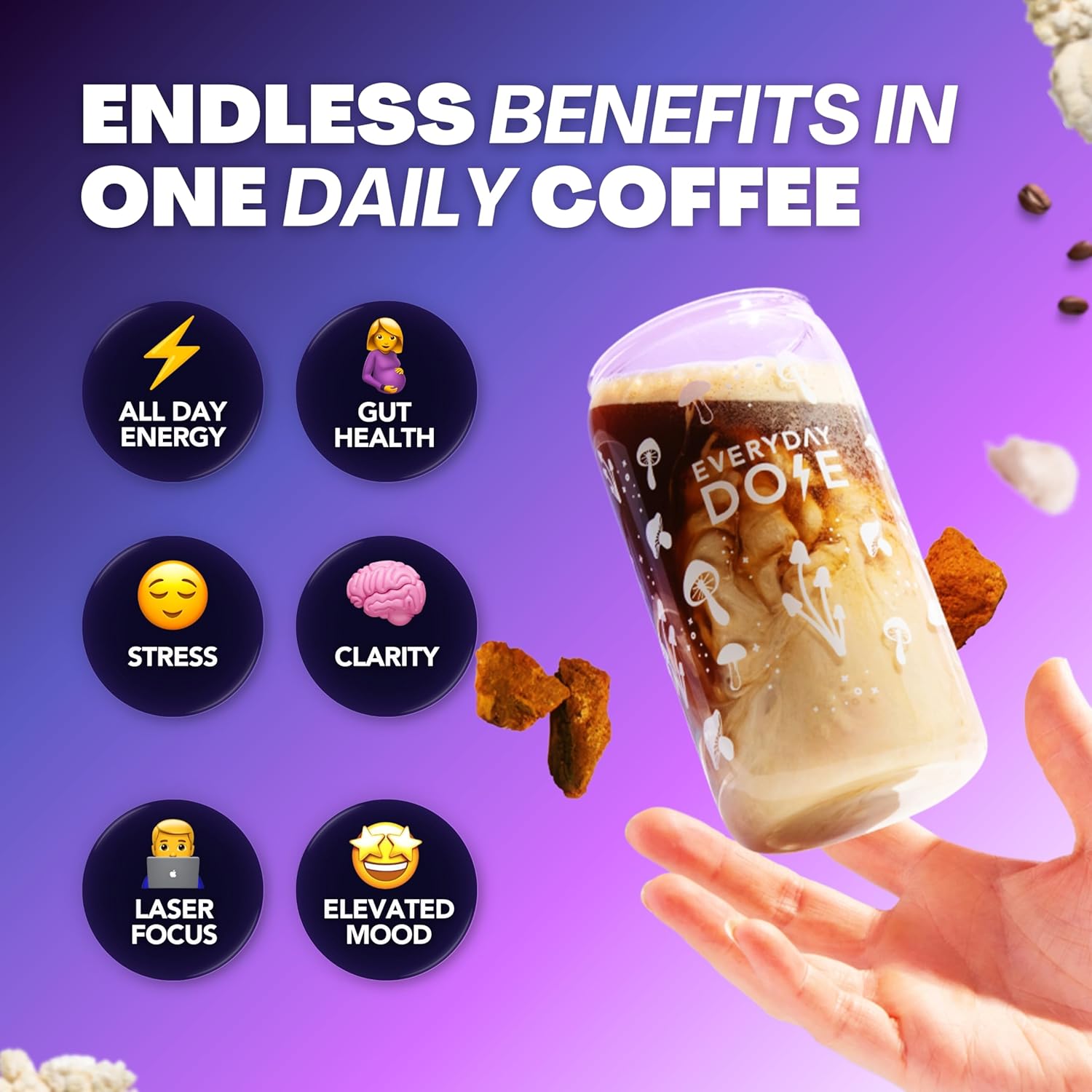 81KZvlXxUAL._SL1500_.jpg Everyday Dose Mushroom Coffee and Mushroom Matcha Bundle with Grass-Fed Collagen, Chaga, Lions Mane & L-Theanine for Better Focus, Energy, Digestion, Skin, and Immunity 30 Servings each - Image 6