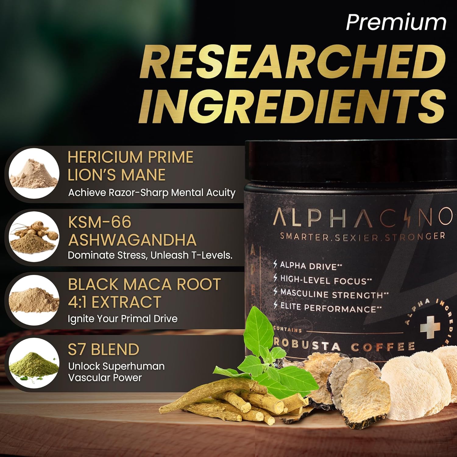 81LiUqgNqQL._AC_SL1500_.jpg Alphacino Apex Instant Mushroom Coffee - Black Maca Ashwagandha + Energy Drink Powder for Men, Ideal for Muscle Building Growth, Sharp Focus & Stamina, Mens Energy Powder Drink Mix, S7-30SV (4.68 oz) - Image 3