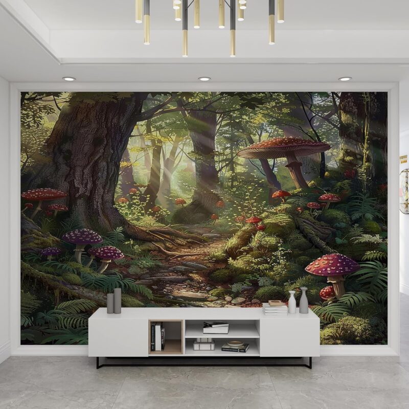 Cartoon Forest Mushroom Wallpaper, Sunshine Primitive Forest Wallpaper, Cute Red Mushroom Wallpaper, Good Ductility, for Living Room Bedroom-98 W X 69" H