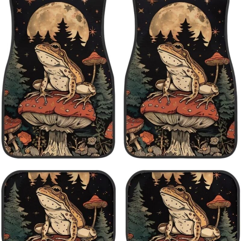 Frog Mushroom Moom Pattern Floor Mats for Cars 4-Piece Set Automotive Rug Carpet Non-Slip All-Weather Mats Vehicle Floor Carpet Protector Car Accessories
