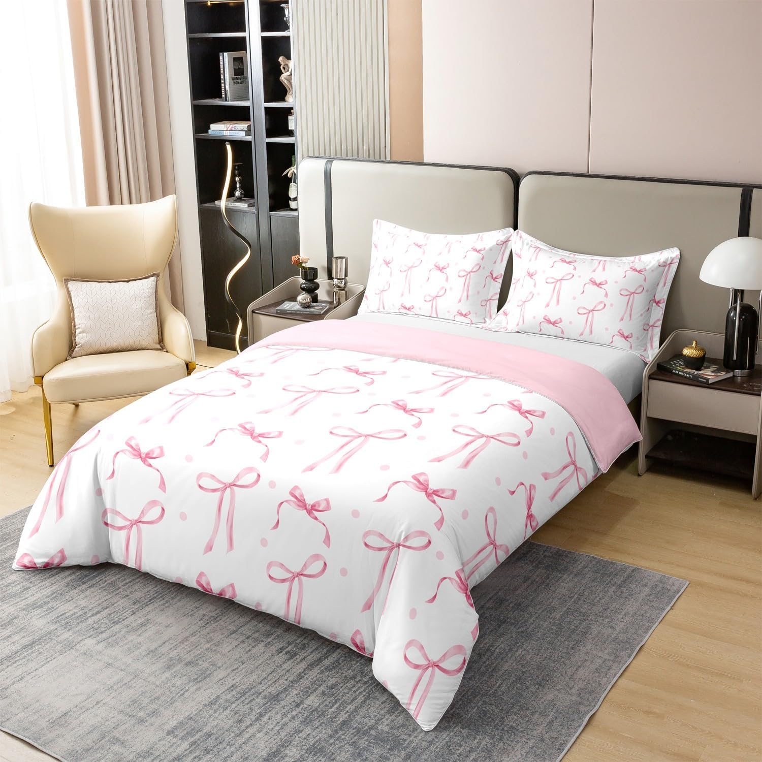 81NKO6ZmMTL._AC_SL1500_.jpg Erosebridal Girls Pink Bowknot 100% Cotton Duvet Cover Queen Size, Bow Tie Microfiber Bedding Set for Kids Lady, Kawaii Princess Comforter Cover for Bed, Pink Polka Dot Bedclothes - Image 3