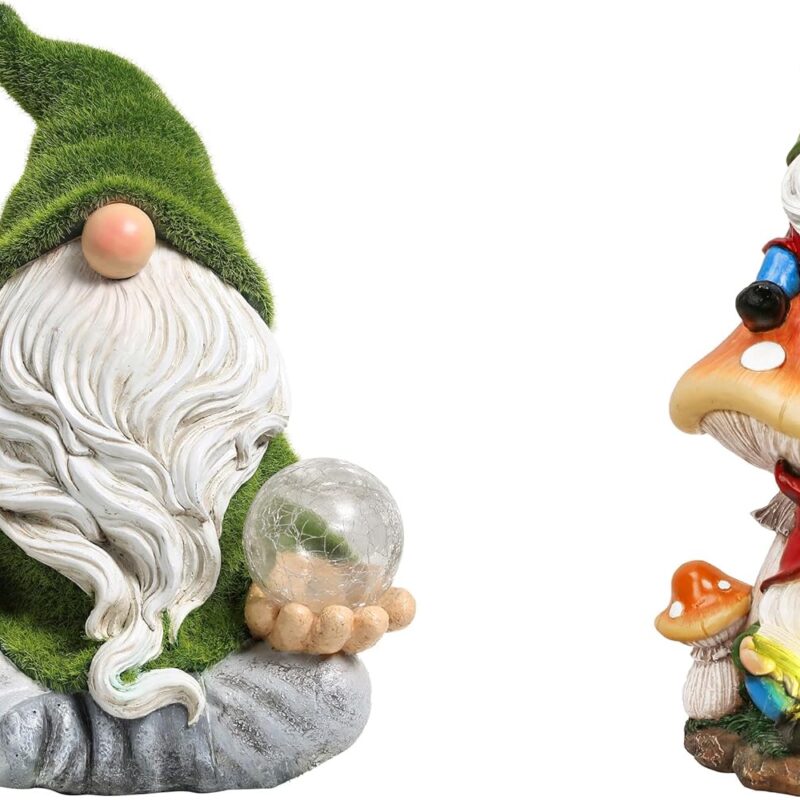 TERESA'S COLLECTIONS Garden Gnomes Statues Decorations for Yard with Solar Lights, Cute Gnomes on Mushroom Reading Book Garden Sculptures & Statues Outdoor Gifts for Patio Lawn Ornaments