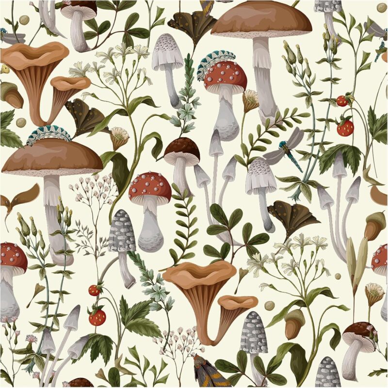 HAOKHOME Boho Peel and Stick Wallpaper Mushroom Forest Removable Stick on Contact Paper for Kitchen Bathroom Beige/Brown/Green17.7in x 32.8ft