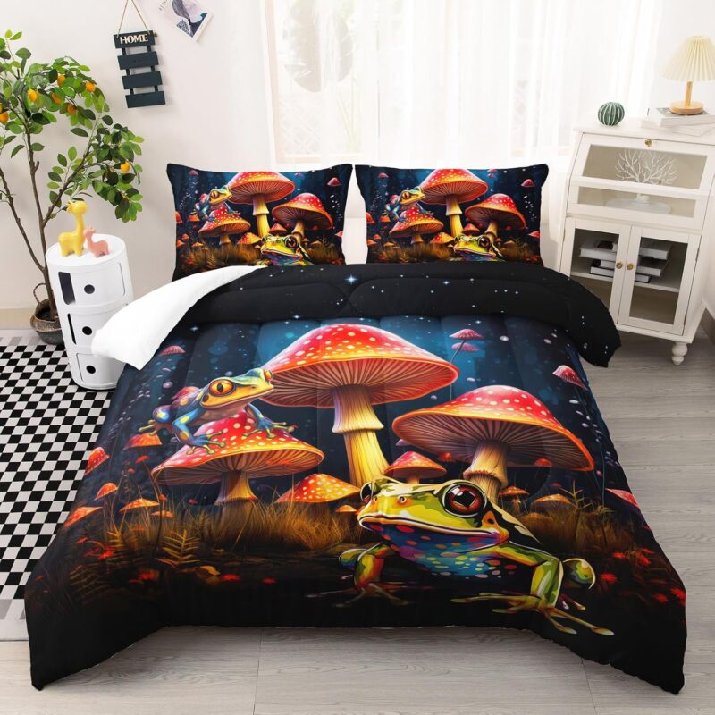 Mushroom Print Comforter - Red Mushroom & Funny Frog Bedding for Teen Boys Girls Kids, All Season Teens Bedroom Down Duvet Twin Size with 1 Comforter with 2 Pillowcases