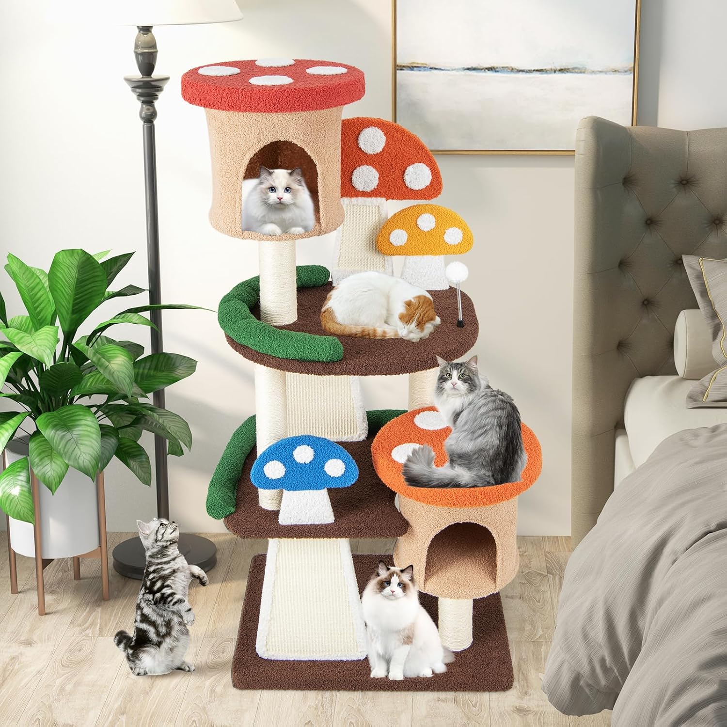 81RKASohg5L._AC_SL1500_.jpg PETSITE Mushroom Cat Tree, 57.5 Inches Tall Multi-Level Cat Tower with Natural Sisal Scratching Posts & Boards, Cat Condo and Teasing Spring Ball, Cute Cat Tree Tower for Indoor Cats Large Adult - Image 8
