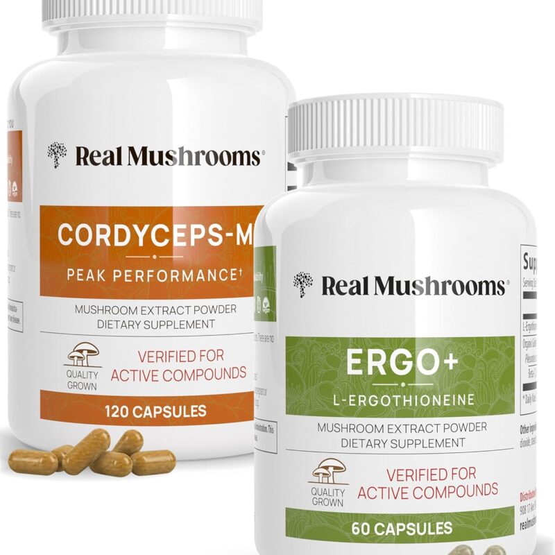 Real Mushrooms Ergothioneine (60ct) and Cordyceps-M (120ct) Bundle with Shiitake and Oyster Mushroom Extracts - Longevity and Energy - Vegan, Gluten Free, Non-GMO - Natural Support for Healthy Aging