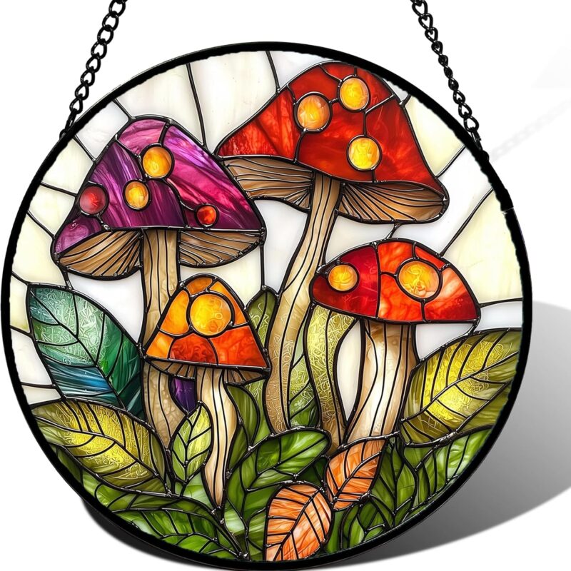 Stained Glass Window Hanging, Mushroom Leaves Suncatcher for Doors Home Sun Catchers Decoration and Christmas, Mother's Day Birthday Gifts for Women, Men, and Mom 14.9x14.9 in
