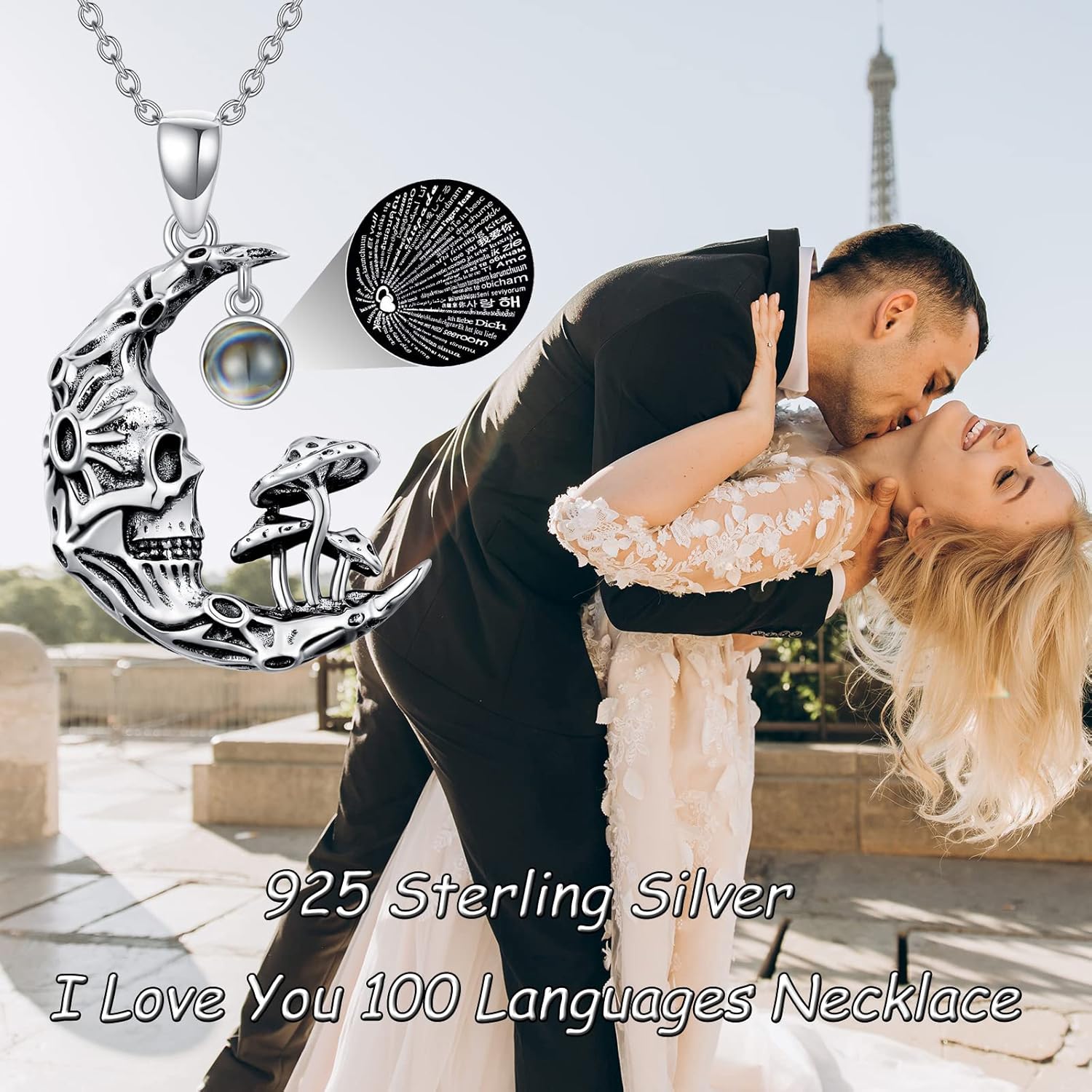 81Rkpz4yizL._AC_SL1500_.jpg Skull Pendant Necklace 925 Sterling Silver with Birthstones/Synthetic Moonstone/100 Languages Stone Gothic Jewelry Halloween Gifts for Women Wife Mom - Image 5