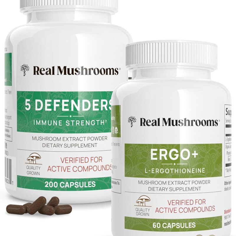 Real Mushrooms Ergothioneine (60ct) and 5 Defenders (200ct) Bundle - with Turkey Tail, Shiitake, Reishi, Chaga, Maitake, Oyster - Natural Longevity and Immune Strength - Vegan, Gluten Free, Non-GMO