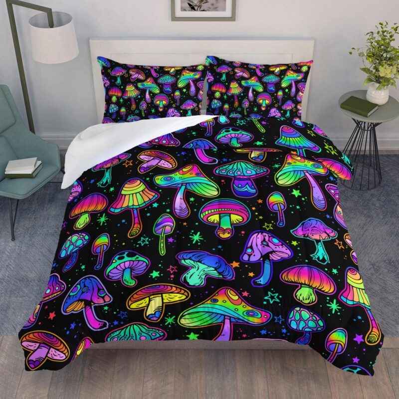 AILONEN Mushroom Comforter Set Full Size, Colorful Black Gradient Bedding Set for Kids Girls, Fantasy Mushroom Bed in a Bag, 1 Comforter + 2 Pillowcases, Microfiber