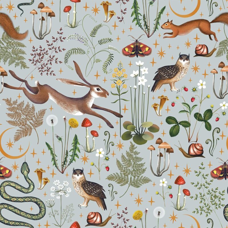VEELIKE Grey Fairytale Moon Stars Forest Wallpaper Peel and Stick Mushroom Wallpaper for Kids Room Nursery Wallpaper 17.7''x354'' Removable Botanical Wallpaper Prepasted Grey Contact Paper for Walls