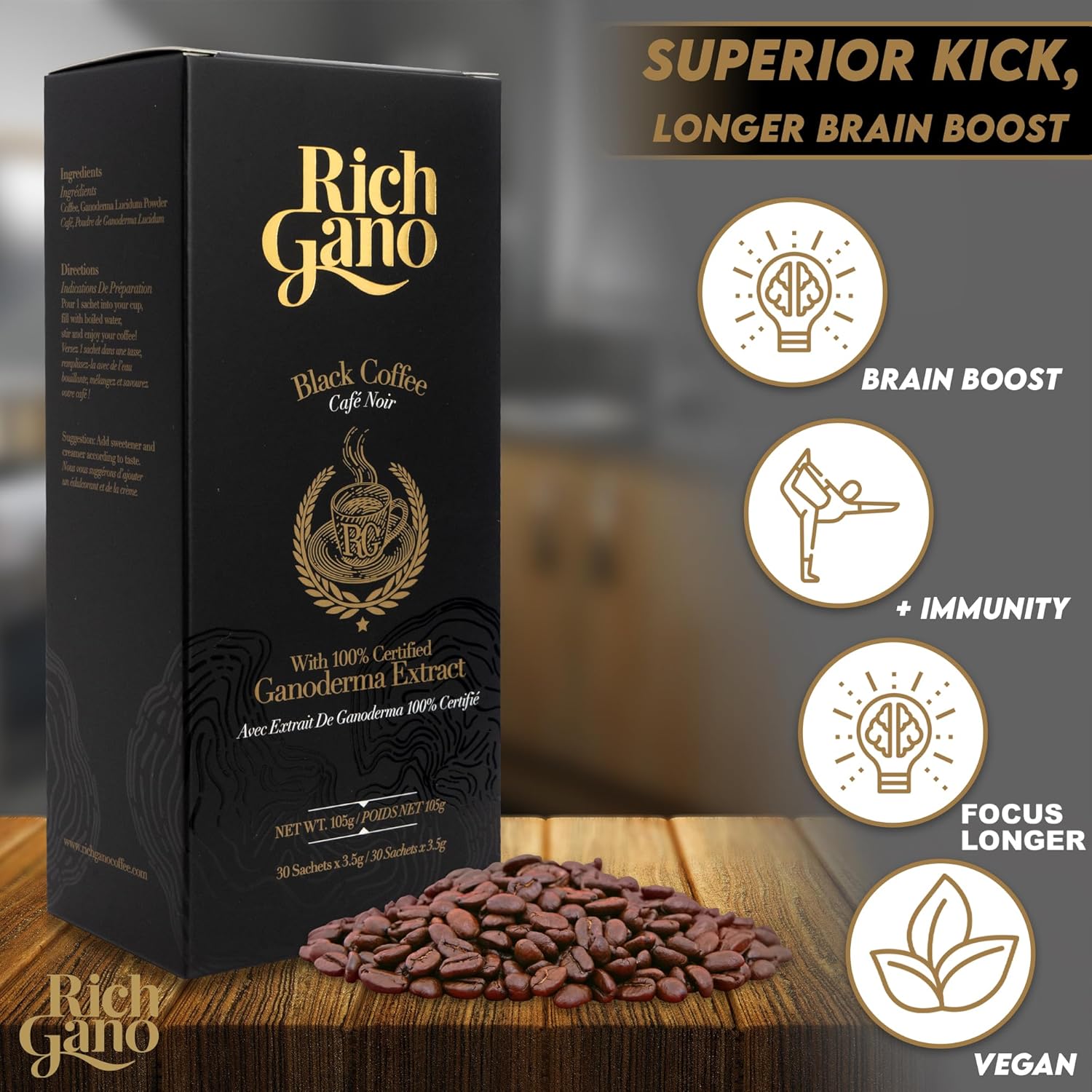 81SjtS5KbJL._AC_SL1500_.jpg Rich Gano Reishi Mushroom Coffee – (12 Boxes of 30 Sachets) Black Coffee with Ganoderma Extract – All Natural Vegan Friendly Instant Coffee Packets – Zero Jitters Immune Support Ganoderma Coffee - Image 2
