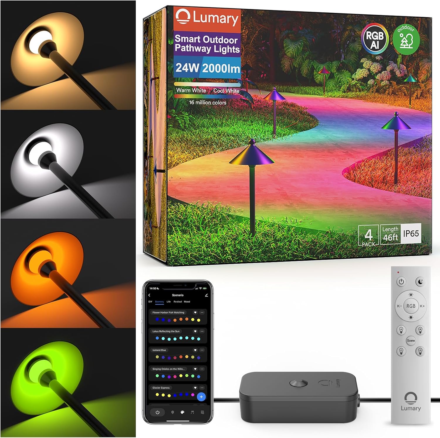 81T6GwziyvL._AC_SL1500_.jpg Lumary Smart Landscape Path Lights, 4 Pack Outdoor Landscape Lighting IP65 Waterproof, 46FT RGBAI Color Changing Landscape Lights for Yard, Pathway, Driveway, App/Voice/Remote Control, Black, L-PL4C1