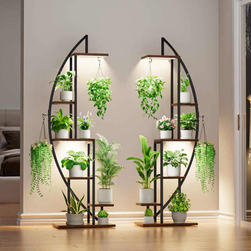 Plant Stand Indoor with Grow Lights, 6 Tiered Tall Plant Shelf, 63" Metal Plant Stand for Indoor Plants Multiple, Half-Moon Plant Rack Display Shelf, 2 Pcs Plant Holder for Living Room, Patio