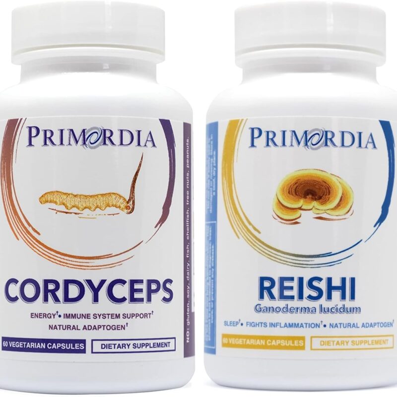 Primordia Pure Cordyceps and Reishi Mushroom Supplement Bundle, 120 Capsules, Liquid State Fermentation, Cordyceps Sinensis & Reishi Ganoderma Lucidum Mushrooms, Immune and Gut Health Support