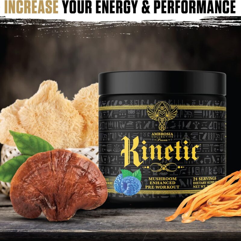 Ambrosia Kinetic Organic Preworkout, Mushroom Enhanced Natural Pre Workout Supplement, Nootropic Superfood Powder for Energy (Blue Raspberry)
